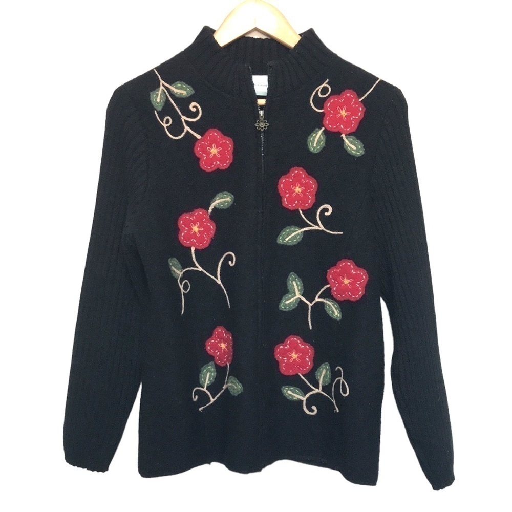 VINTAGE Alfred Dunner wool black floral zip up sweater size Small petite
